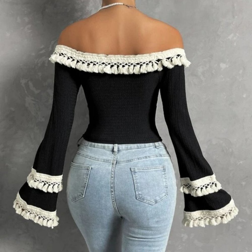 Boho Off Shoulder Flounce long Sleeved Fringe detailed black Blouse Top - Picture 4 of 6